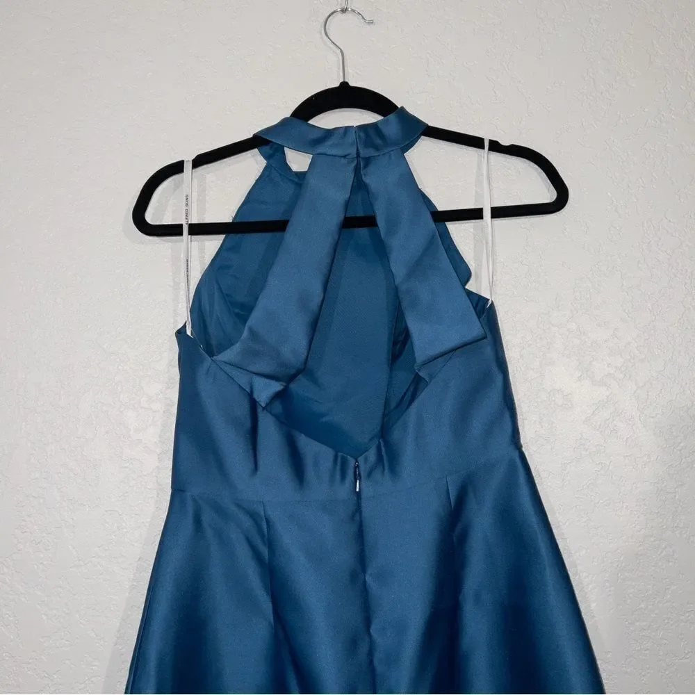 NWT Alfred Sung Dusk Blue High Neck Cut Out Satin Dress Size 6 - Picture 6 of 8
